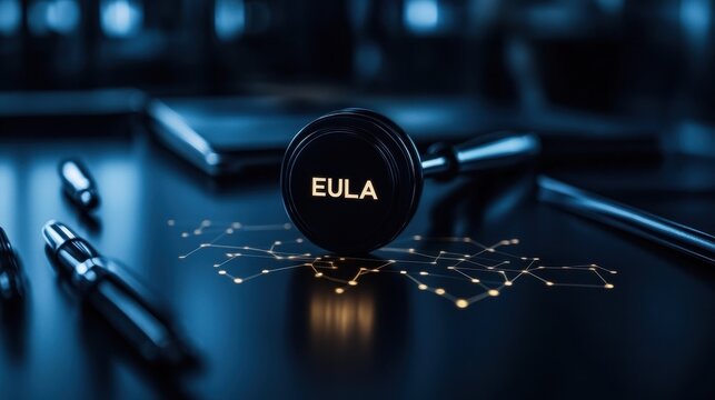 Legal Office Setup Featuring Stamp with "EULA" Highlighting Digital Contracts in Modern Workspaces