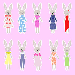 Cute Cartoon Bunny Stickers in Various Outfits on Pink Background for Easter Crafts and Kids' Decorations