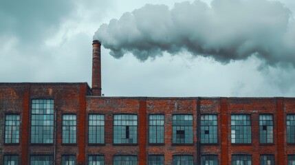Pollution from Industrial Factory: Brick Building Emitting Smoke into Cloudy Sky