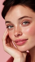 Obraz premium A woman with green eyes and a pink lip is smiling for the camera