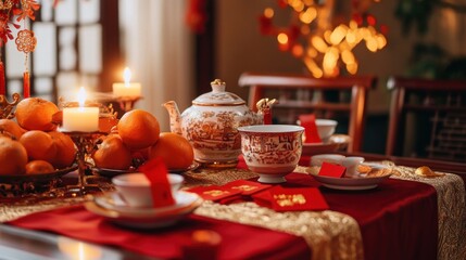 Naklejka premium Festive Chinese New Year dinner table setting with oranges, tea, and red envelopes.