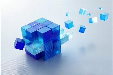 Blue cube made of smaller blue cubes with flying cubes. Perfect for technology, innovation, creativity concept visuals in design projects.
