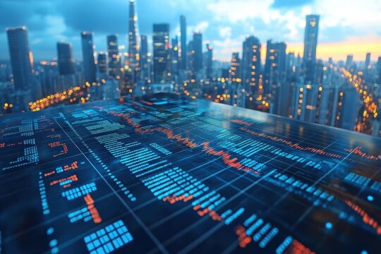 Aerial view of a city skyline during dusk with financial data displayed on a digital screen