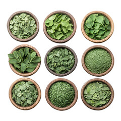 Moringa leaf variations in wooden bowls