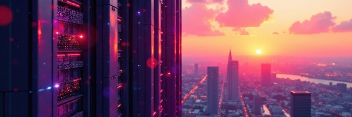 Fototapeta premium Retro-futuristic patterns sliding down a futuristic skyscraper wall at sunset, futurism, sliding