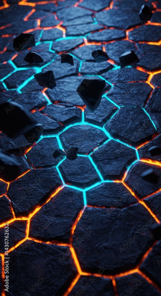 Aufkleber abstract hexagonal stone surface with glowing neon lines and falling rocks: futuristic cyberpunk bac