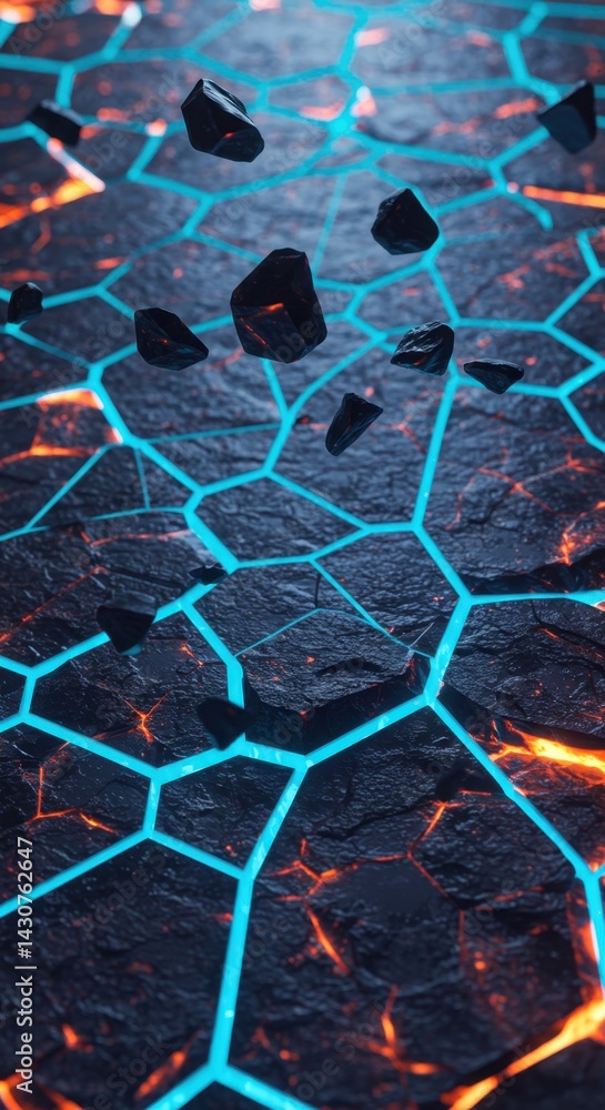 Poster abstract volcanic hexagon pattern with floating rocks and glowing blue lines: a 3d rendered digital 