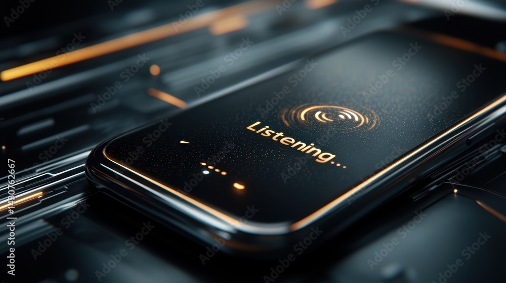 Poster mobile screen showcasing a voice assistant's listening function, highlighting modern technology and 