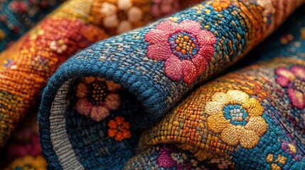 Vibrant Folded Floral Rug with Intricate Embroidery Detail