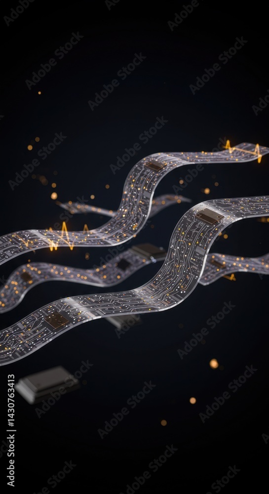 Poster abstract futuristic technology circuit boards floating in dark space: innovative design concept