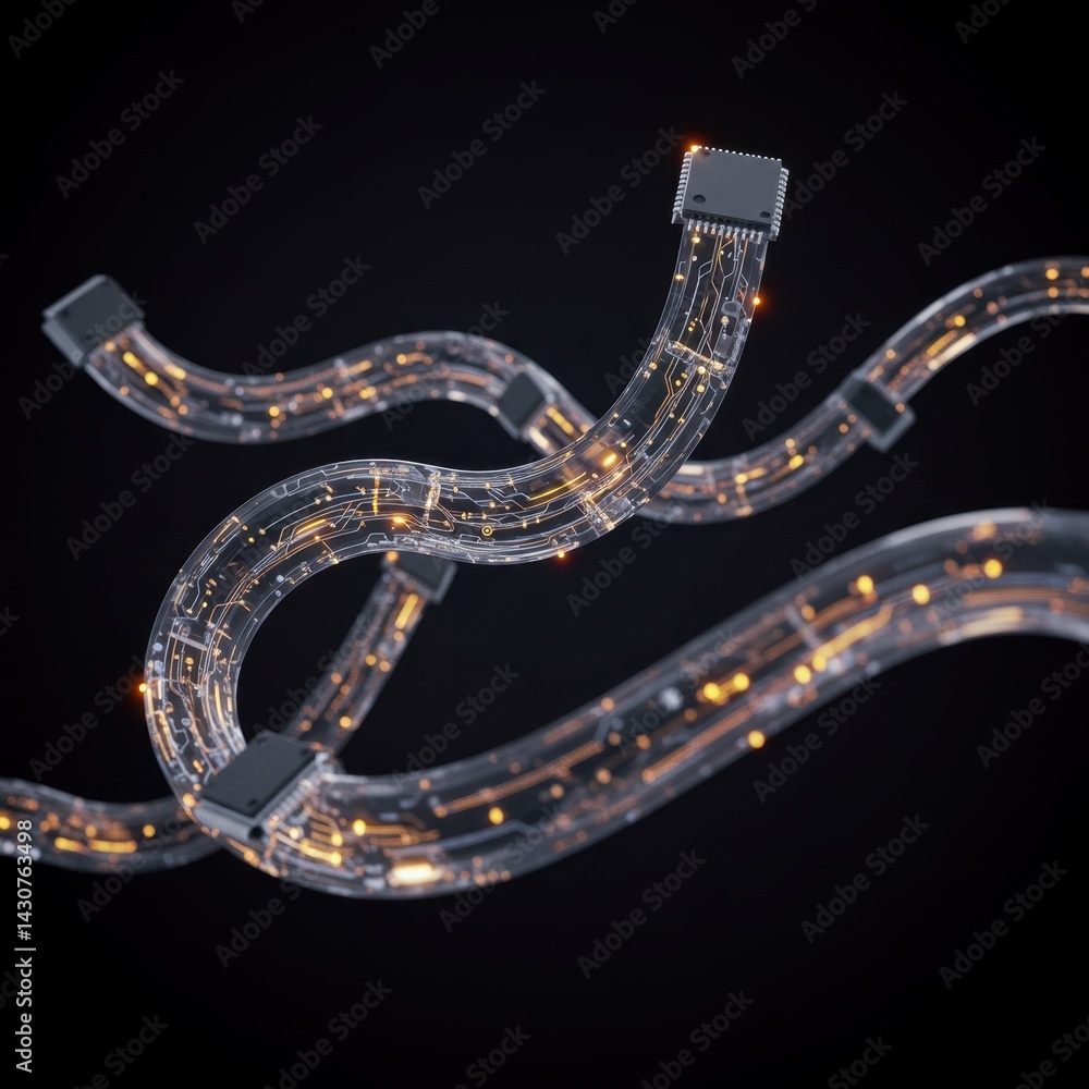 Poster abstract digital network: interconnected transparent circuit boards flowing in dark space