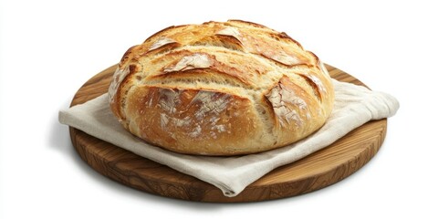 A round artisan bread loaf with a crunchy, golden crust, placed on a wooden board with a linen napkin underneath