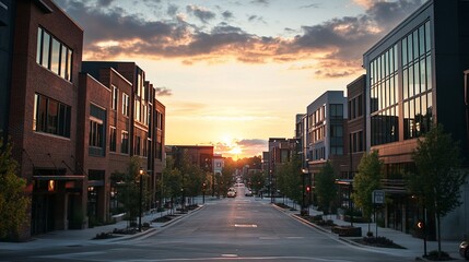 Obraz premium City street lined with buildings and trees at sunrise. Bright sun at the end of road