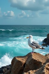 Seagull perched on rocky coastline with crashing waves, ocean, rocks