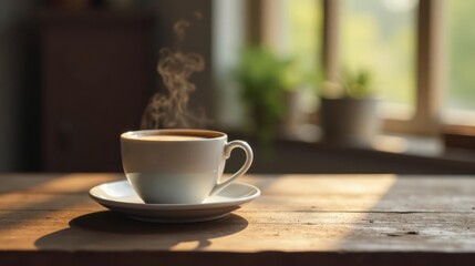 Fototapeta premium Aromatic Coffee Steam Rising from a White Mug on Rustic Wooden Table in Warm Sunlight