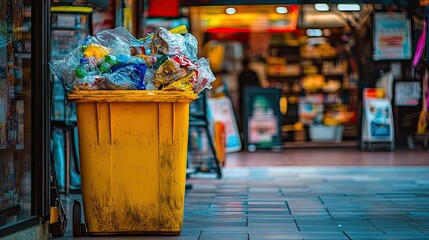 Yellow bin at convenience store entrance filled with plastic wrappers