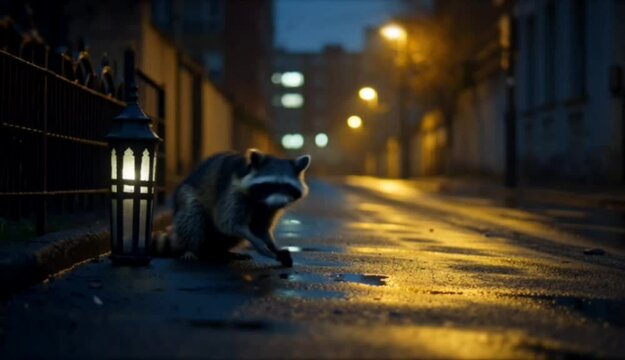 A curious raccoon caught in the light of a streetlamp rummaging near a trash can in an empty alley