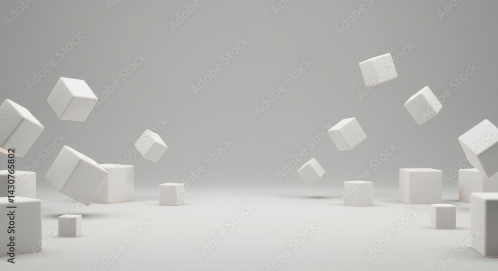 Aufkleber abstract 3d rendering of falling white cubes in a gray space: minimalist geometric design