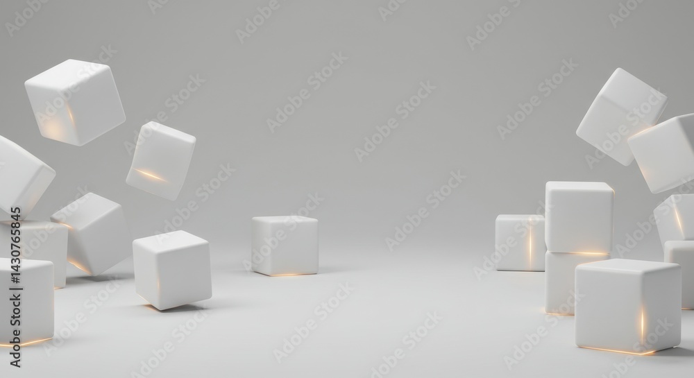 Poster abstract 3d render of floating white cubes with glowing lines minimalist design concept background