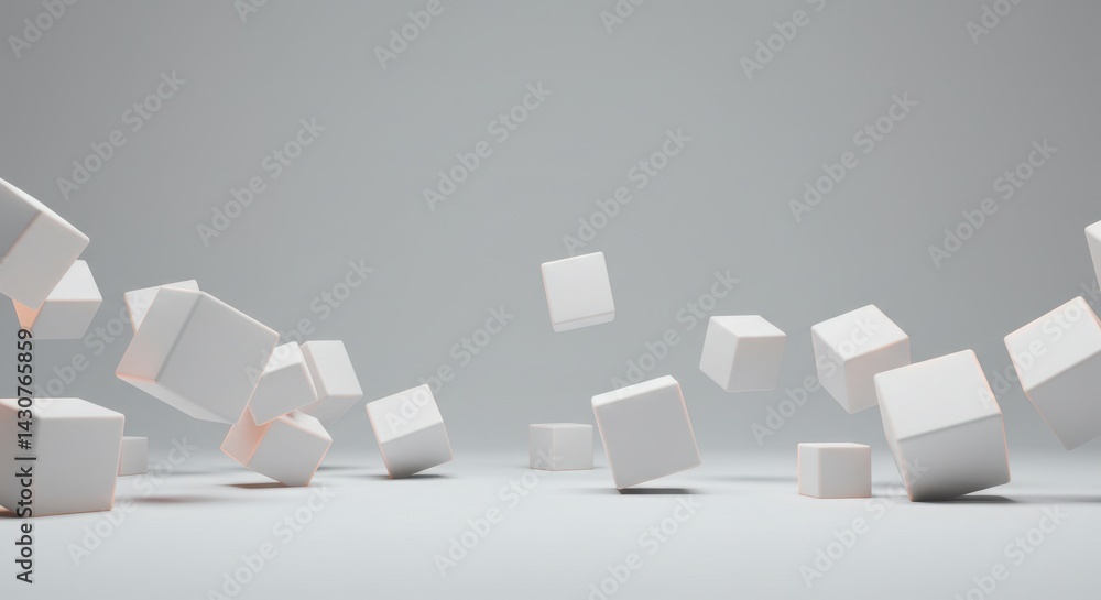 Poster abstract 3d rendering of falling white cubes on a light gray background minimalist design and geomet