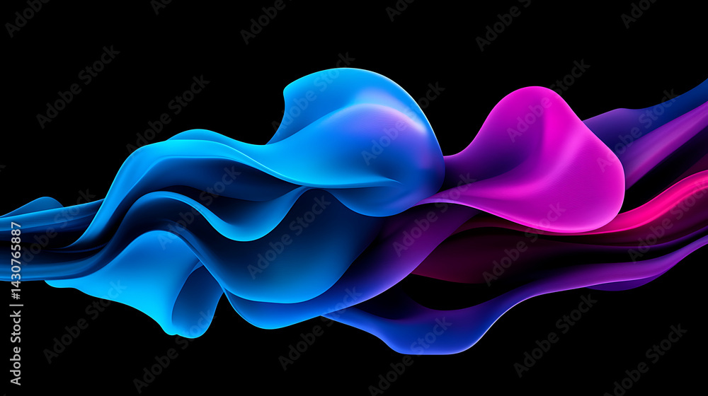 Poster colorful flowing abstract design in blue and pink with smooth curves and reflections on a dark backg