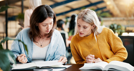College, teamwork and women in library reading book, project and assignment for help or support. Knowledge, learning and students studying with education for exam, scholarship and university test