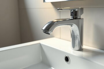 Close-up View of a Modern Chrome Faucet on a Clean White Bathroom Sink