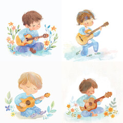Fun Kid Playing Acoustic Guitar Illustration Set


