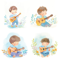 Artistic Watercolor Clipart of Kid with Guitar

