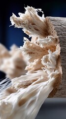 Close-up of a fluffy, light beige substance erupting from a wooden block