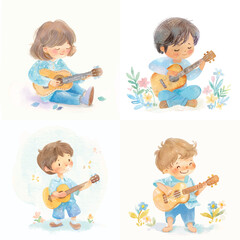 Watercolor Kid Musician Clipart Set

