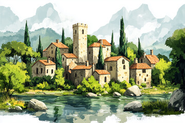 Picturesque Italian Village Landscape With Tower And Buildings Beside Tranquil Lake And Green Mountain Background