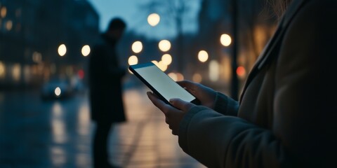 Man/woman looking at cell phone on illuminated urban street
