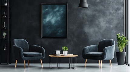 Modern living room with dark chairs, a small table, and a framed artwork on the wall