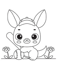 Coloring book rabbit baseball player with a bat and ball among the flower