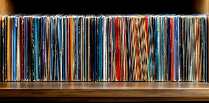 Old vinyl records stacked on wooden shelf, vintage, records, nostalgic