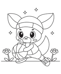 Coloring book rabbit playing basketball among sparkling flowers