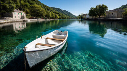 Obraz premium White Rowboat Floating On Calm Turquoise Lake Reflecting Lush Green Trees and Blue Sky Under Sunlight