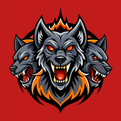 Three Headed Wolf with Fire. Fierce Mythical Creature Logo Design