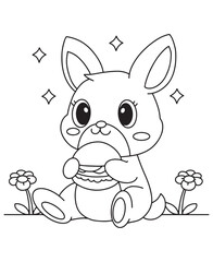 Coloring book rabbit happily munching on a burger among sparkling flowers