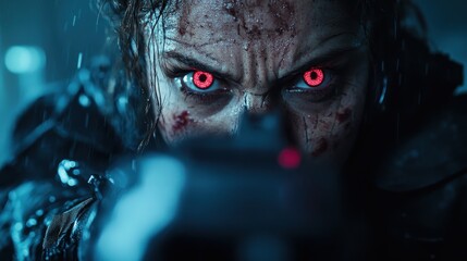 A determined figure with striking red eyes, aiming a weapon in a gripping scene that evokes tension and suspense within a thrilling, sci-fi narrative setting.