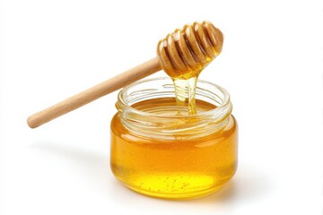 Honey jar with dipper isolated on white background