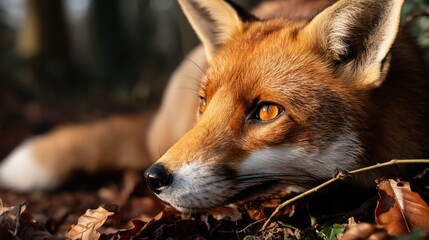 Obraz premium Close-up of a fox resting in autumn leaves