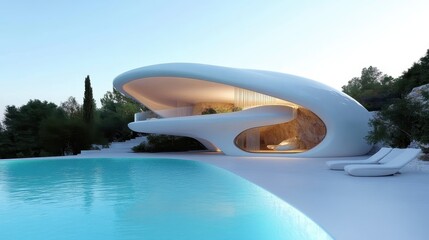 This image depicts a sleek modern architectural marvel featuring an elegant pool, perfectly merging nature with contemporary design while ensuring luxurious living spaces.