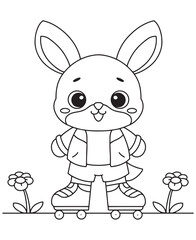 Coloring book  cute rabbit on roller skates among the flowers.