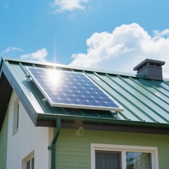 Fototapeta premium Small solar panel on house rooftop. Sunlight reflects on solar home cell system. Eco industry, green energy innovation, alternative electricity source, clean power generation. Residential building 