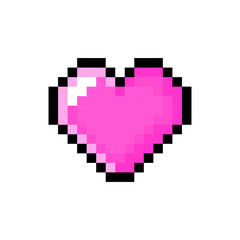 Obraz premium Cute pixel heart icon isolated on a white background. Vector illustration in 8-bit retro style. Perfect for stickers, logo, various designs.