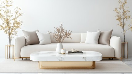 This beautiful image showcases a modern, minimalist living room featuring a plush sofa, stylish coffee table, and decorative elements that create an inviting atmosphere.