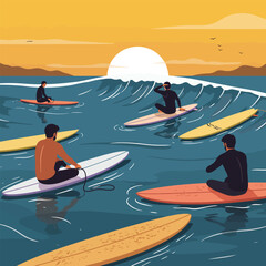 Surfers Waiting for Waves at Sunset Enjoying the Ocean View