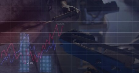 Industrial technician scanning forklift controls in warehouse, displaying red and blue line graphs - Powered by Adobe
